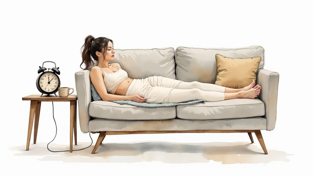 A woman comfortably using a heating pad on her lower abdomen for menstrual cramp relief.