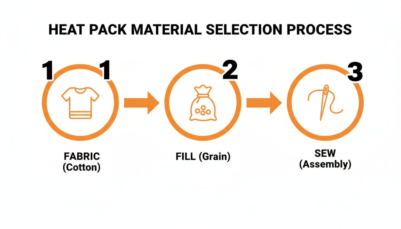 A display of various natural fabrics and fillers like rice, flaxseed, and lavender for making a DIY microwavable heating pad.