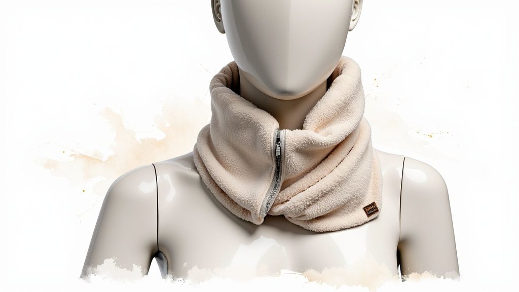 A woman is peacefully relaxing on her couch with a blue neck heating wrap on her shoulders.