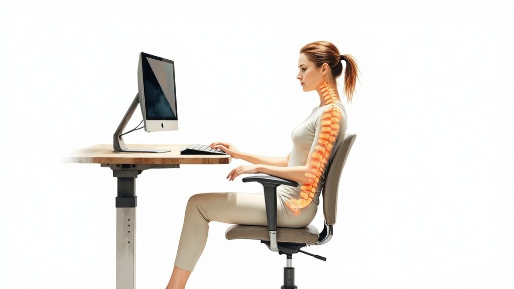 A person sitting at an ergonomically correct workstation, demonstrating good posture.