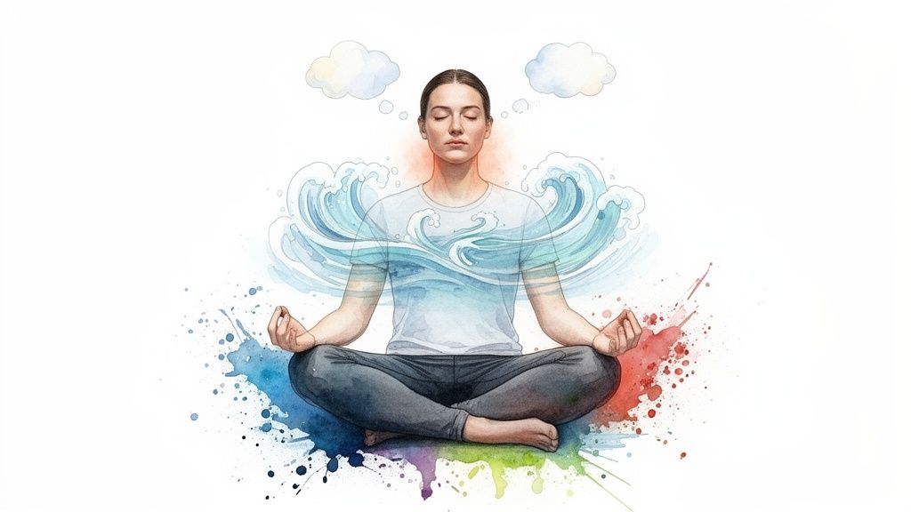 A person meditating in the lotus position, with watercolor waves, splashes, and thought clouds symbolizing calm.