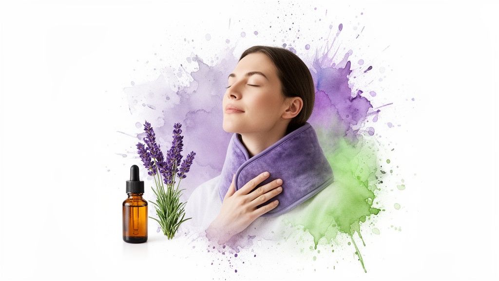 A serene woman with a lavender neck wrap, essential oil, and fresh lavender flowers.