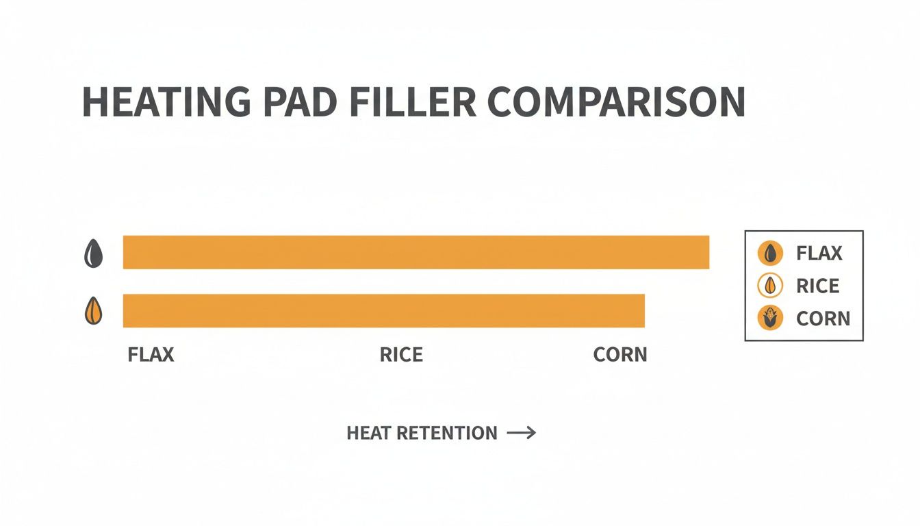 Bar chart comparing heat retention of flax, rice, and corn as heating pad fillers. Flax shows the best heat retention.