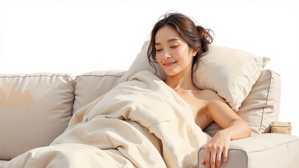 A smiling woman covered in a cream blanket rests on a stained outdoor sofa in sunlight.