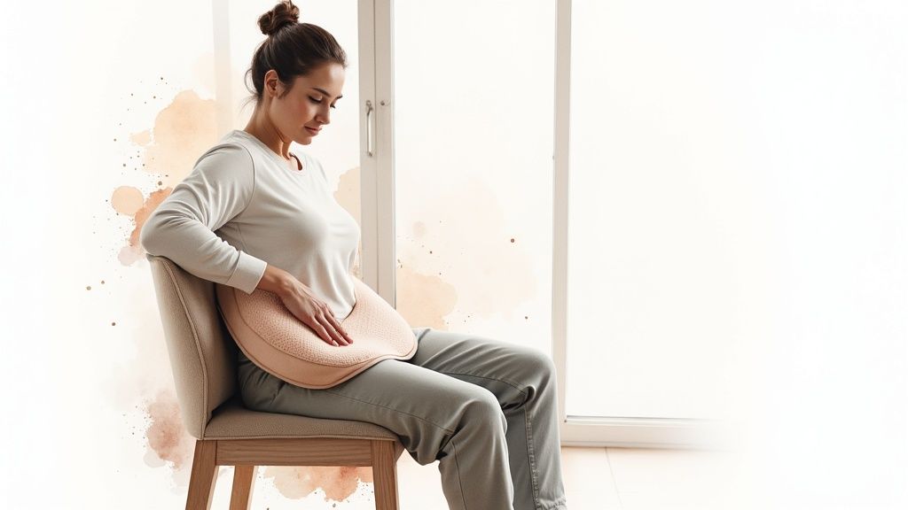 A woman sits on a chair, holding a beige heating pad against her lower abdomen for comfort.