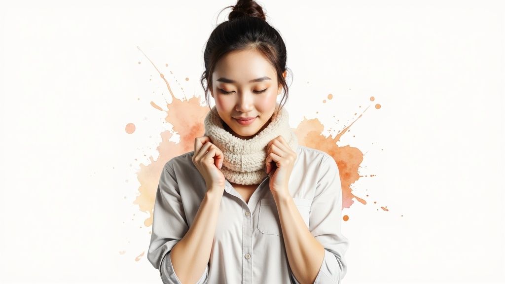 Asian woman adjusting cozy knit scarf around neck for warmth and comfort