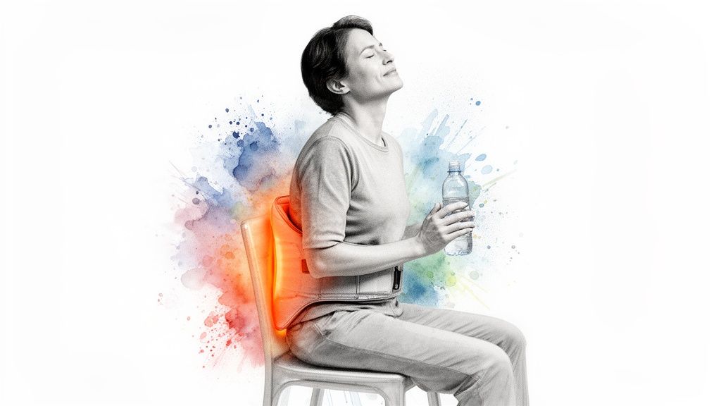 Woman sitting on a chair using a glowing heat therapy device for back pain relief, holding a water bottle.