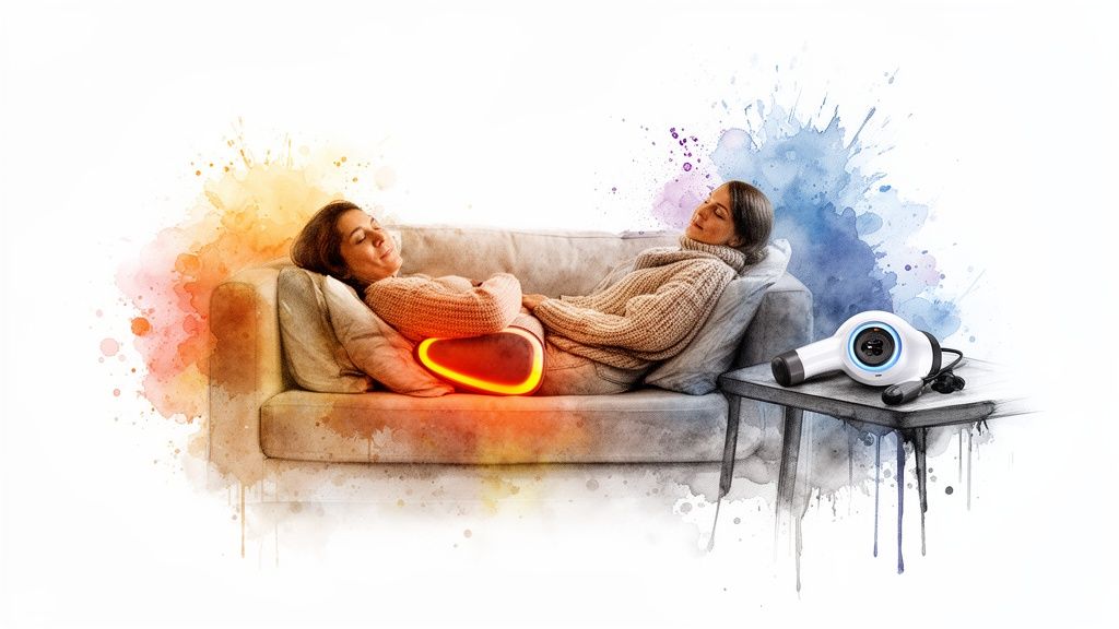 Two women relaxing on a couch, one using a glowing pain relief device for comfort.