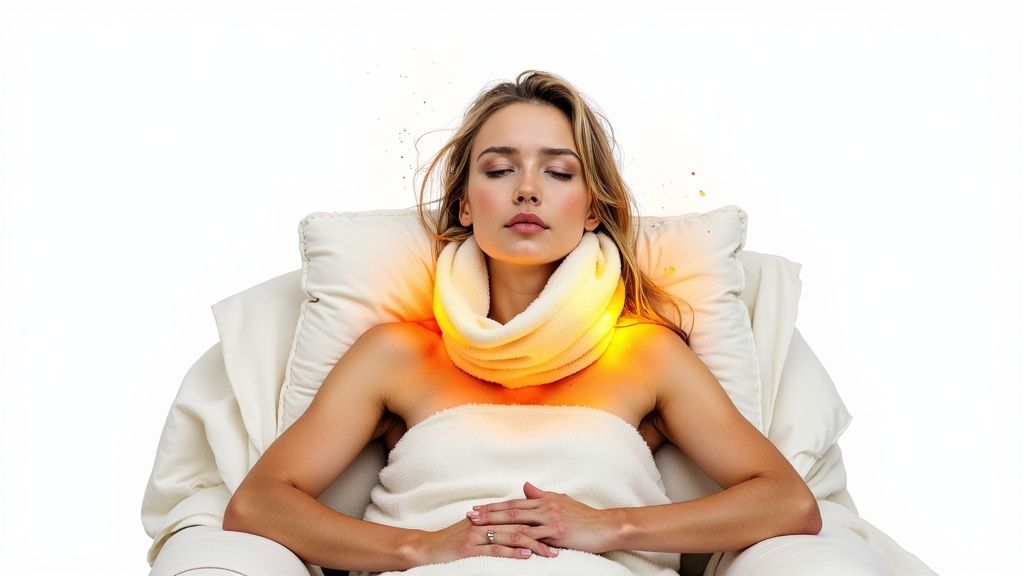 A person looking relaxed while using a SunnyBay heating pad on their lower back, emphasizing the comfort and relief it provides.