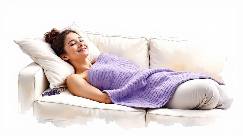 A person relaxing with a lavender heating pad draped over their shoulders.