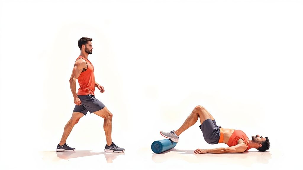 Man demonstrating proper warmup exercises and foam rolling technique for injury prevention