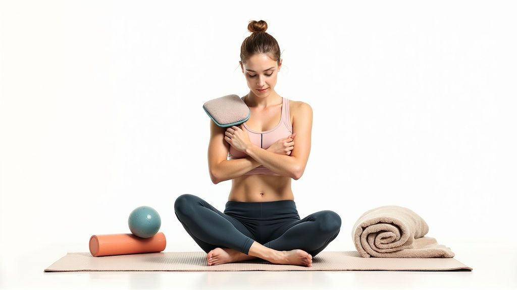 Woman sitting on yoga mat with a warm pack, foam roller, and towel for muscle recovery.
