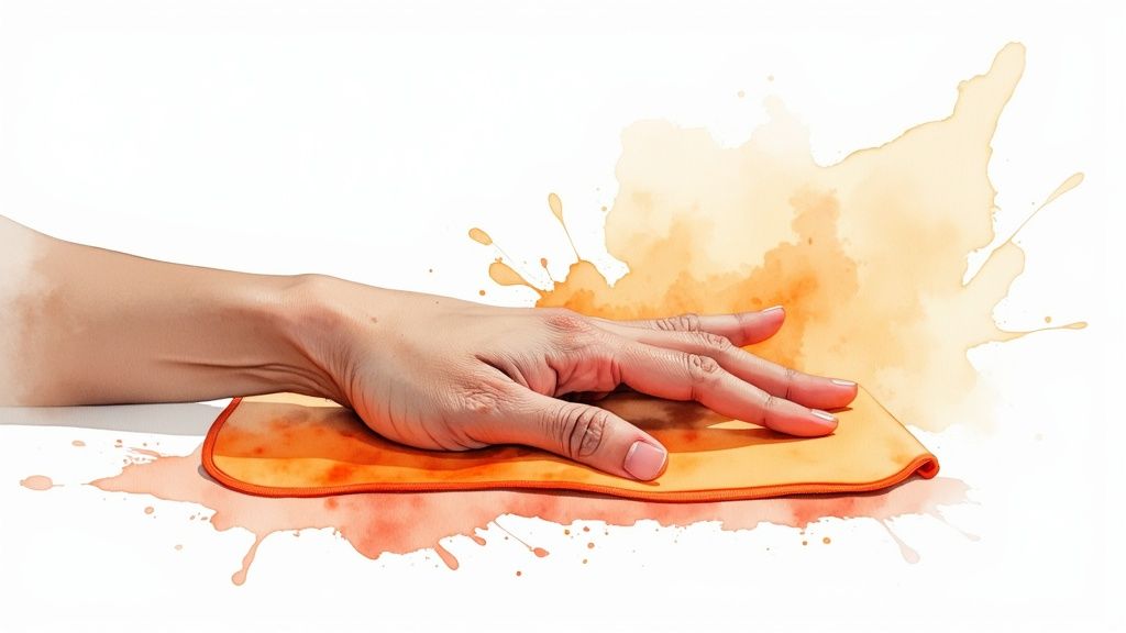 A human hand presses a bright orange cloth on a white surface with abstract orange watercolor splatters.