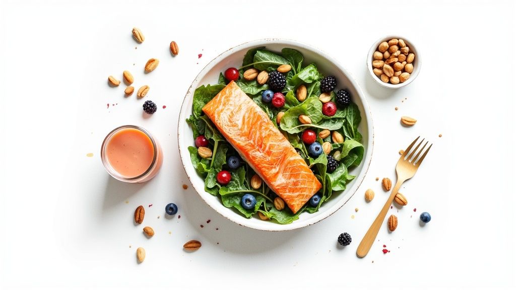 A vibrant smoothie bowl topped with berries, nuts, and seeds.