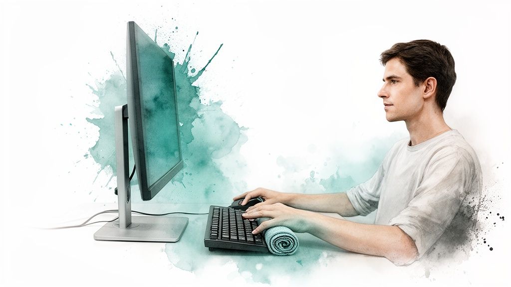 Young man using a computer with a monitor, keyboard, and mouse, with wrist support.