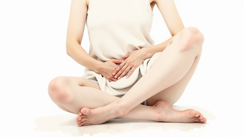 Woman sitting cross-legged holding warm compress on lower abdomen for menstrual pain relief