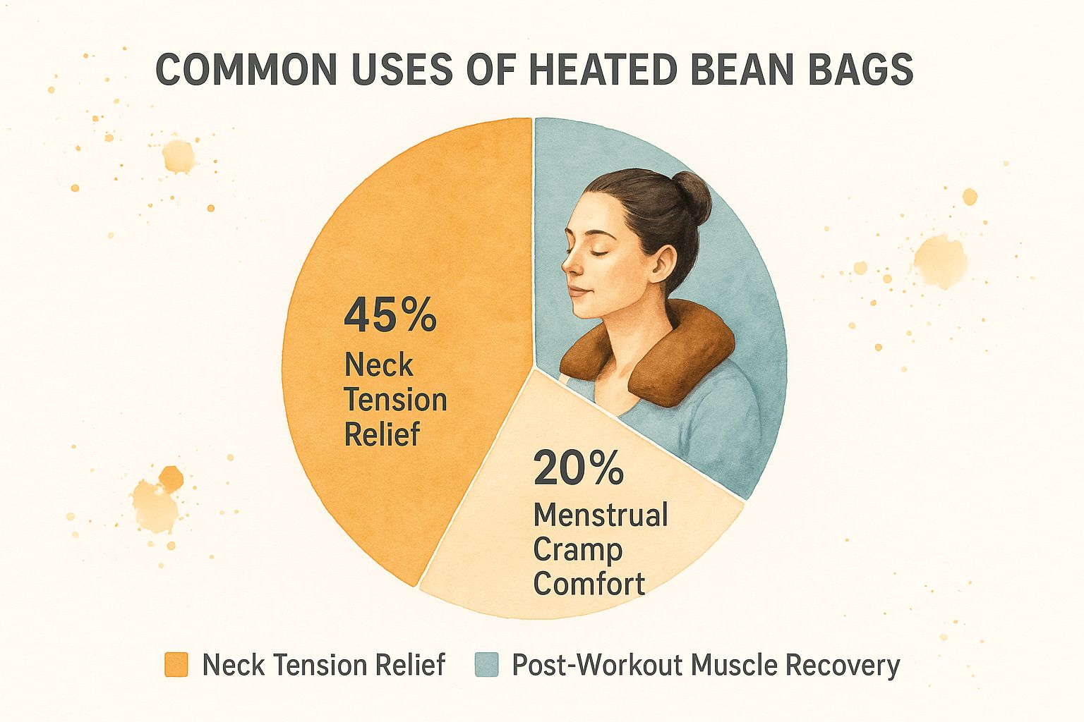 Infographic pie chart showing common uses of heated bean bags: neck tension relief (45%), post-workout muscle recovery (35%), menstrual cramp comfort (20%).