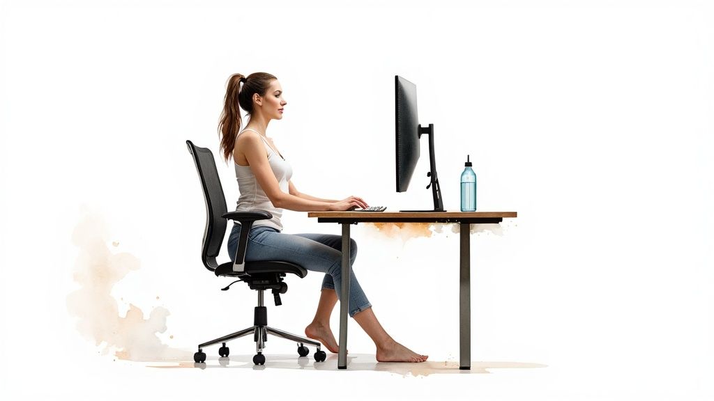 A person mindfully stretching at their well-lit, ergonomic desk, promoting good posture.