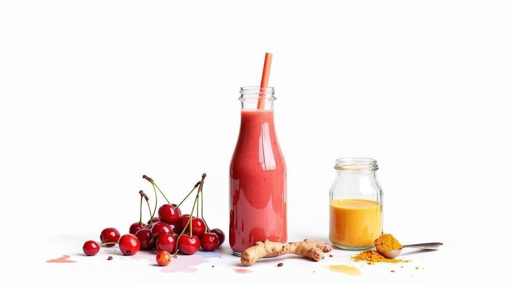 A post-workout smoothie filled with healthy ingredients like spinach and berries.