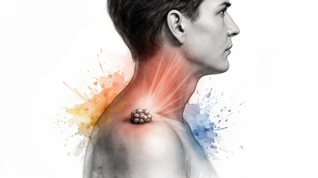 Medical illustration of a person's neck and shoulder showing a trigger point with radiating pain.