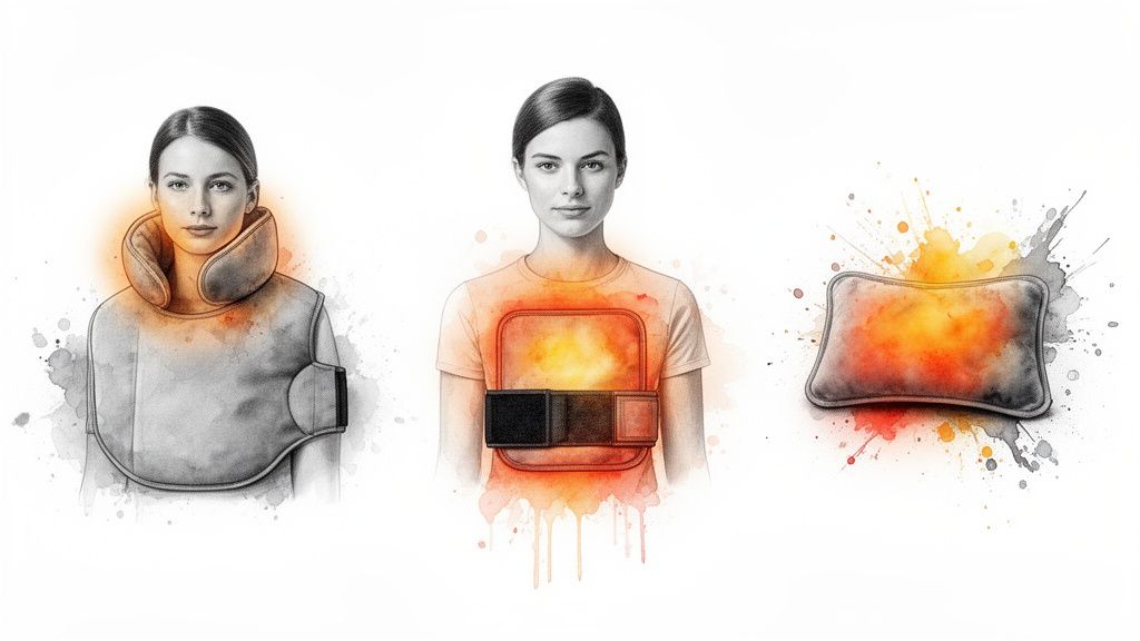 Illustrations of heating pads for neck, shoulder, and body, with warm glow indicating therapeutic heat.