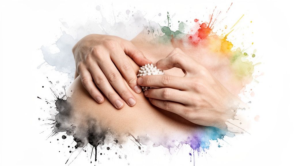 Close-up of hands using a white spiky massage ball on skin with colorful watercolor background.