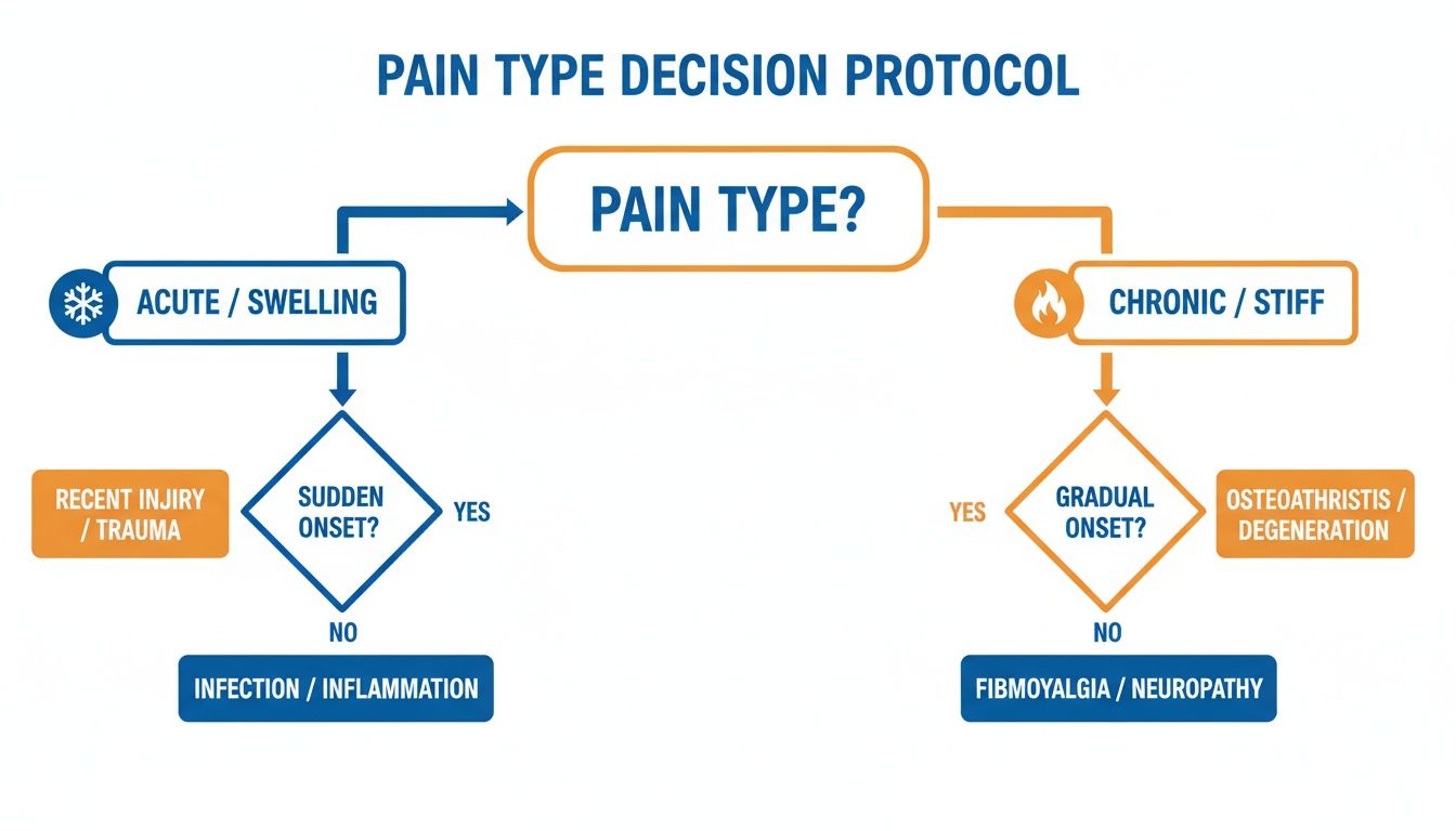 Flowchart outlining a pain type decision protocol for acute, chronic, and various diagnoses.