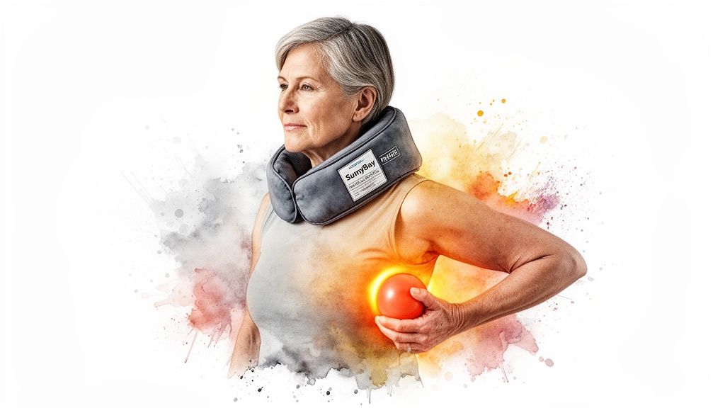 Senior woman with a neck wrap uses a red heat therapy ball for chest pain relief.