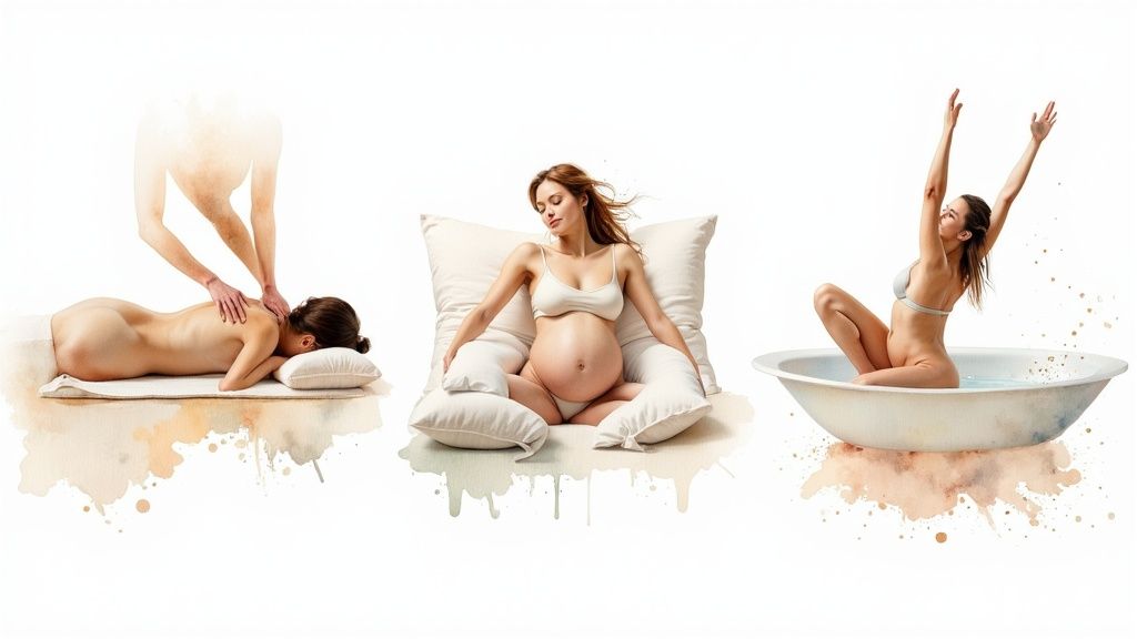 A pregnant woman doing gentle yoga in a peaceful setting.