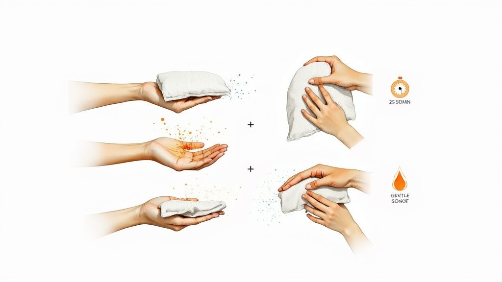 Illustration comparing moist heat and dry heat therapy applied to hands, showing soothing effects.