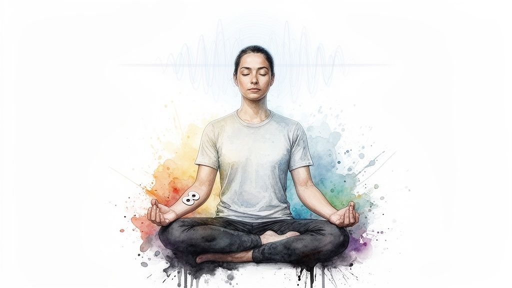 A person meditates peacefully in a lotus position with colorful watercolor splashes and brainwave lines.