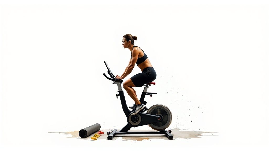 A fit woman in a sports bra and shorts cycles intensely on a black stationary bike.