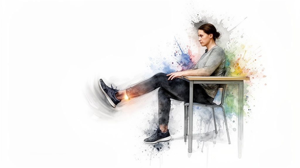 A woman sits at a desk, extending her leg with a glowing ankle, illustrating improved circulation.