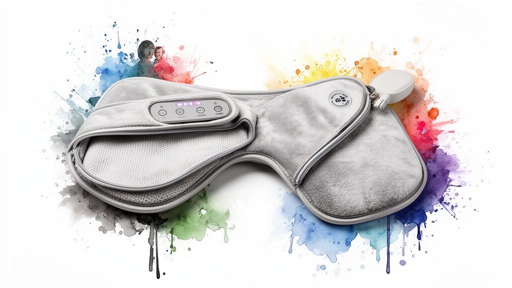 A grey, foldable heating and massage pad with controls and remote, amidst colorful watercolor splashes.