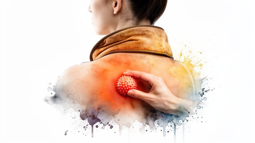 Person using a red spiky massage ball on their upper back for self-massage and pain relief.