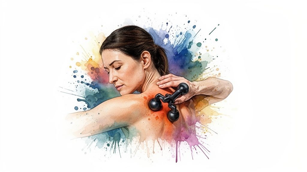 Close-up of a woman massaging her upper back with a therapeutic roller, set against vibrant watercolors.