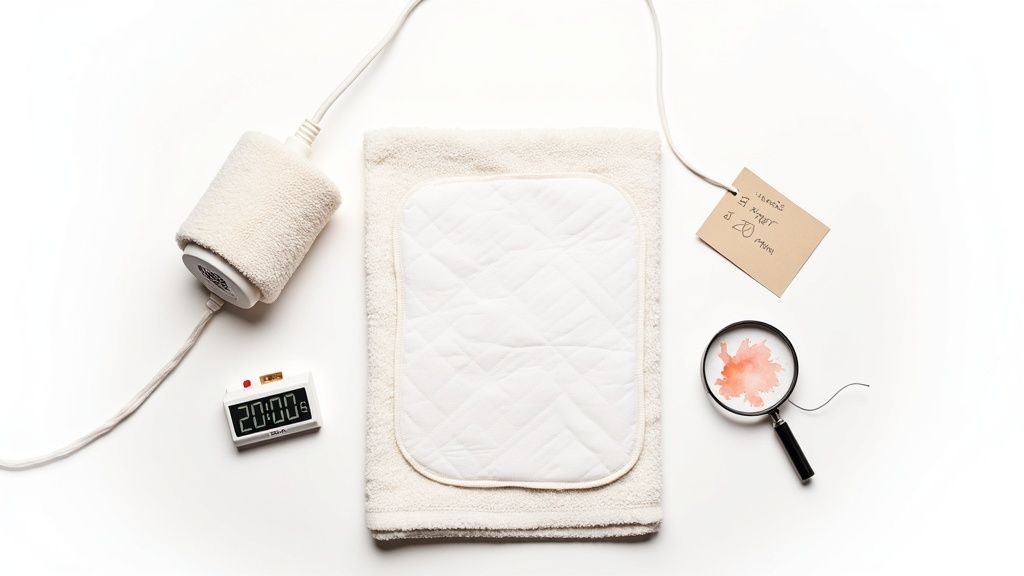 A flat lay shows a heating pad setup with a digital timer, a soft textile, and a magnifying glass.