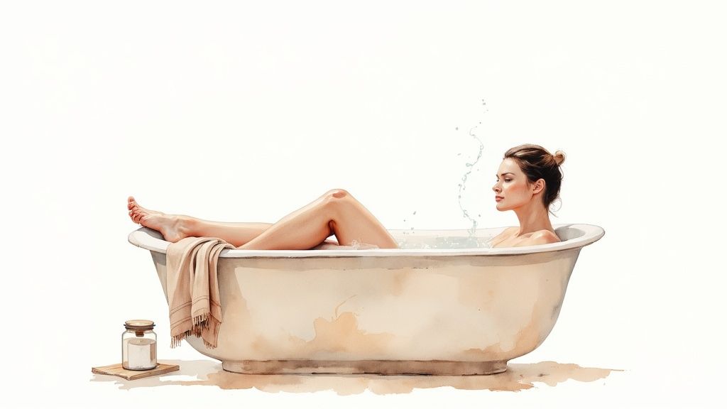 A person applying a heat pack to their sore shoulder muscles for relief.