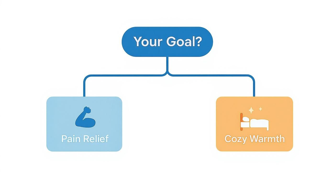 An infographic decision tree showing the choice between a heating pad for pain relief and an electric blanket for cozy warmth.