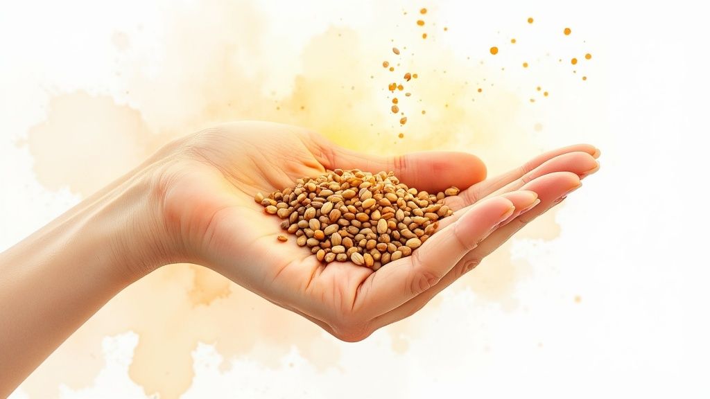 A hand gently holds a pile of brown seeds, with some scattering upwards against a warm, light background.