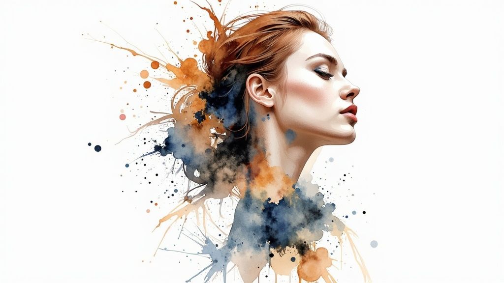 A person holding their tense neck and shoulder, looking uncomfortable.