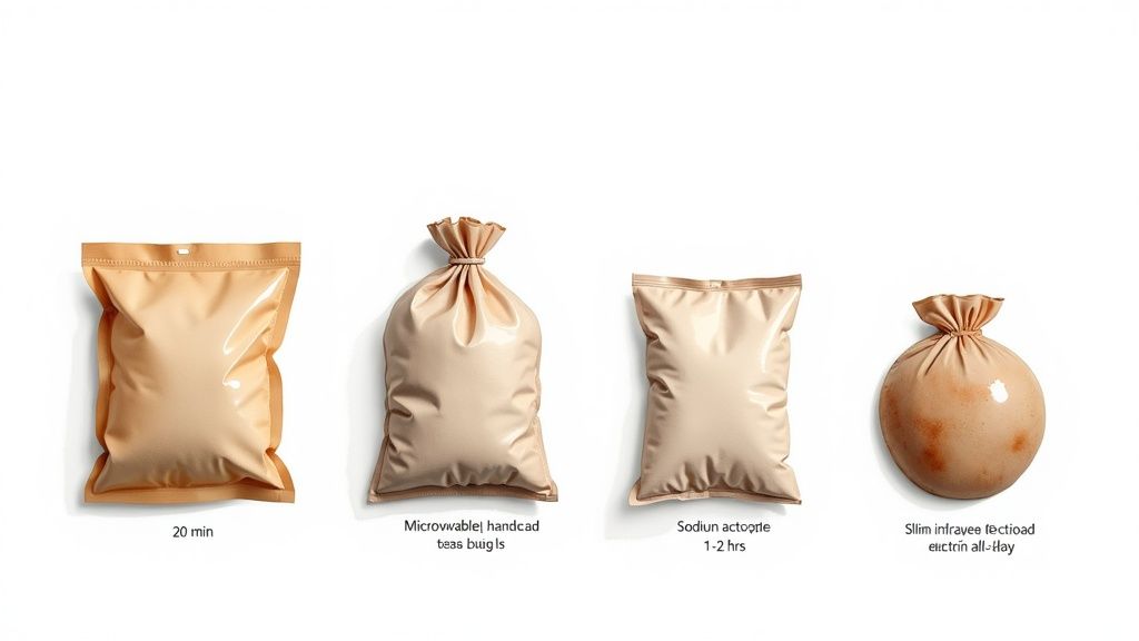 Four different beige heat packs displayed horizontally, showing varying shapes and listed durations.