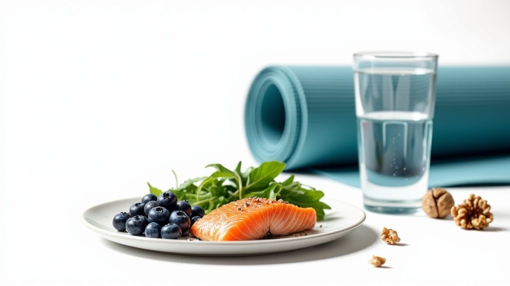 A person drinking water and eating healthy, anti-inflammatory foods.