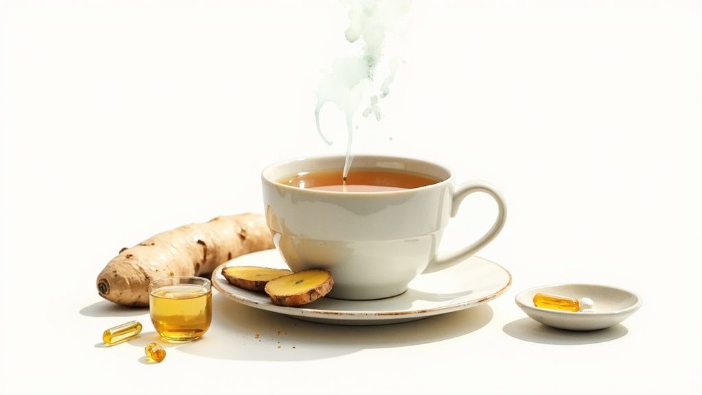A woman pouring a cup of herbal tea, surrounded by various herbs and supplements.