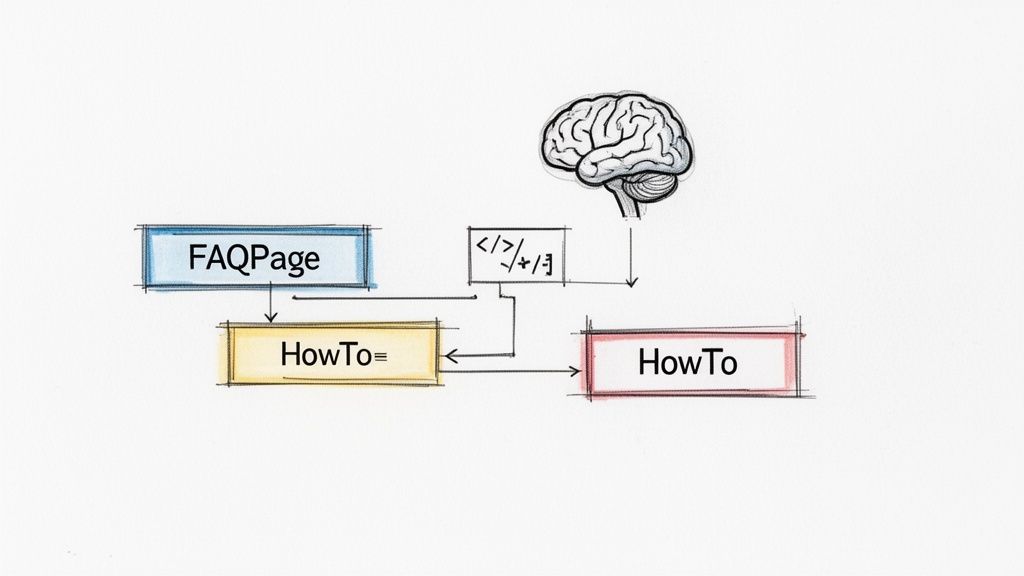 Diagram illustrates the interplay of FAQPage and HowTo structured data with code and an AI brain.