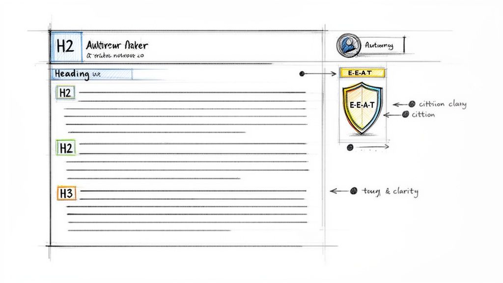 Hand-drawn sketch of a webpage layout showing headings, E-E-A-T shield, and content structure.