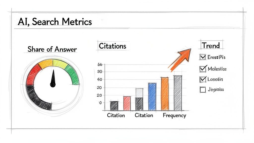 Hand-drawn illustration of AI search metrics, including a share of answer gauge, citation bar chart, and trend indicators.