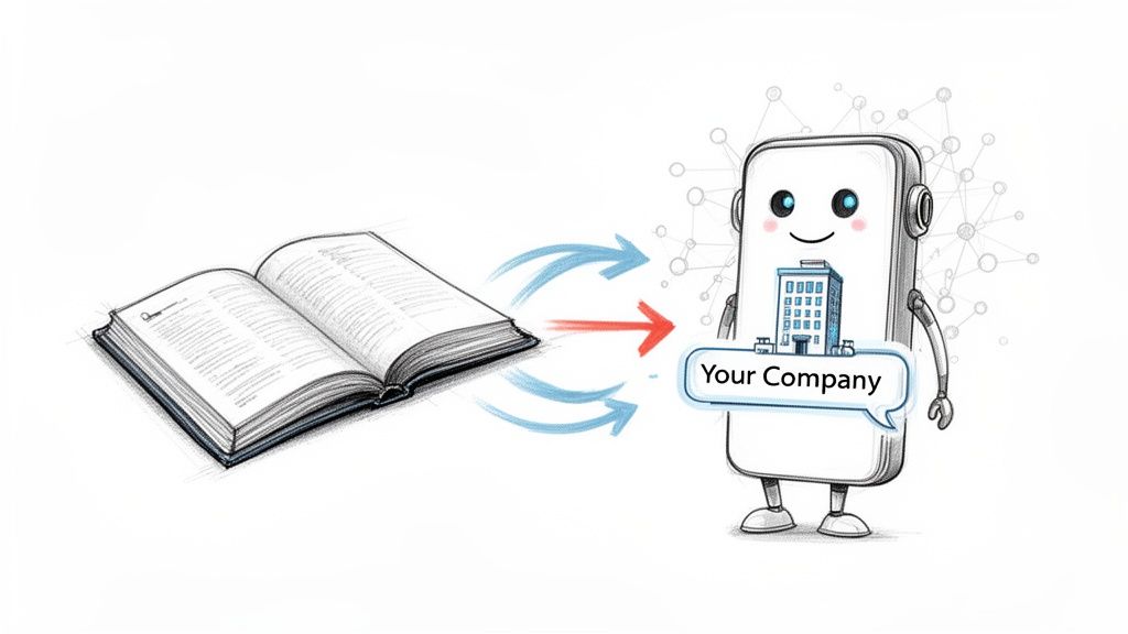 Book content flows via arrows to a smiling robot holding a 'Your Company' building, symbolizing knowledge.