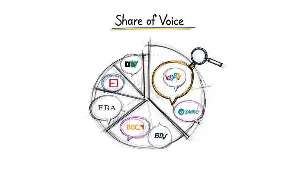 A hand-drawn pie chart titled 'Share of Voice' with speech bubbles representing various brands like Google and EBA.