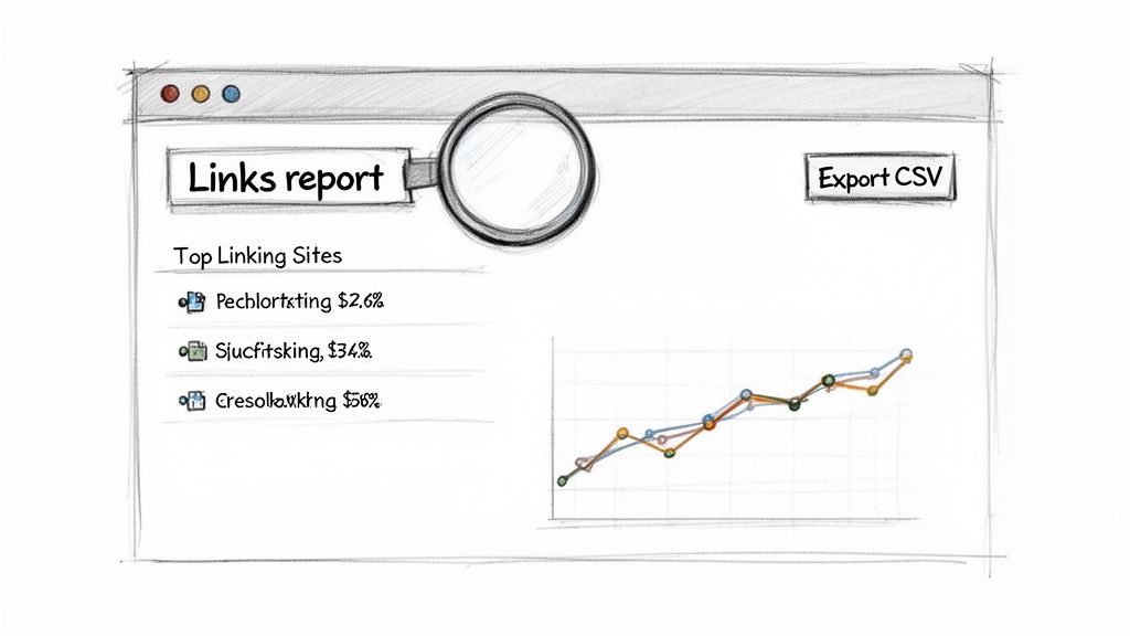 Sketch of a links report showing top linking sites, a performance graph, and an export CSV button.